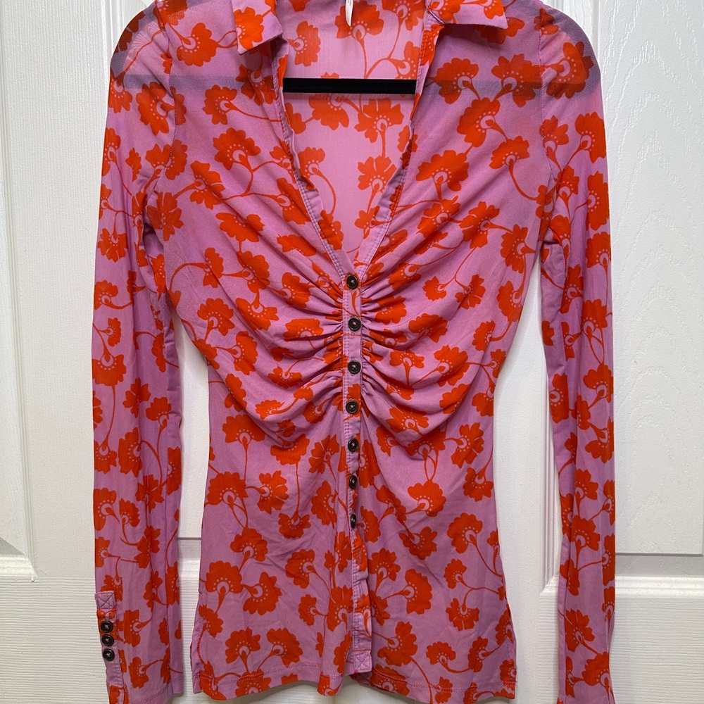 Free People Pink Orange Floral Ruched Mesh Top Y2K Boho Festival XS